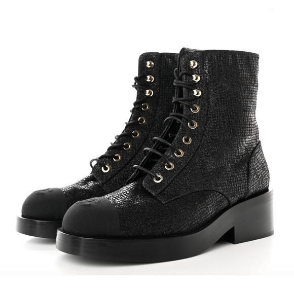 Chanel 2022 CC Logo Glitter Combat Boots Black Runway Virginie Viard 38.5 - Picture 1 of 16